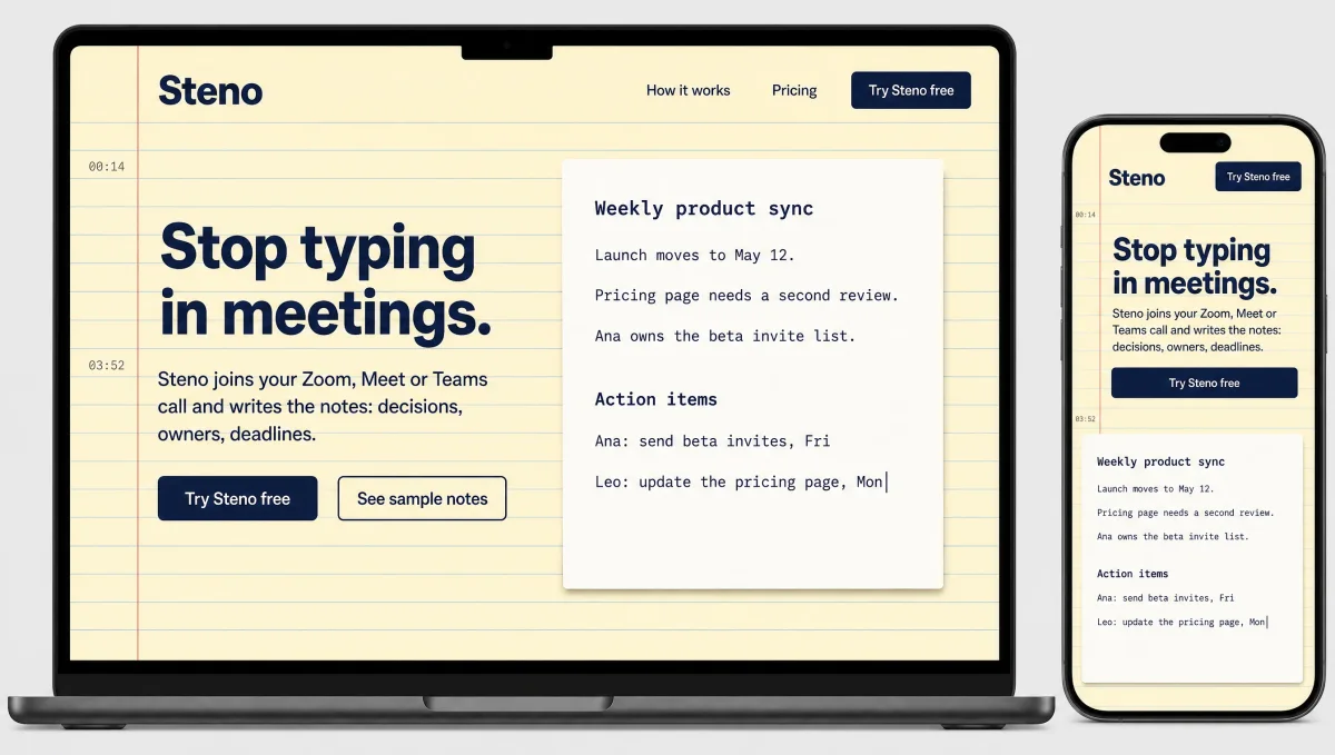 Mockup A, Reporter's Notebook: a yellow legal pad with a notes card