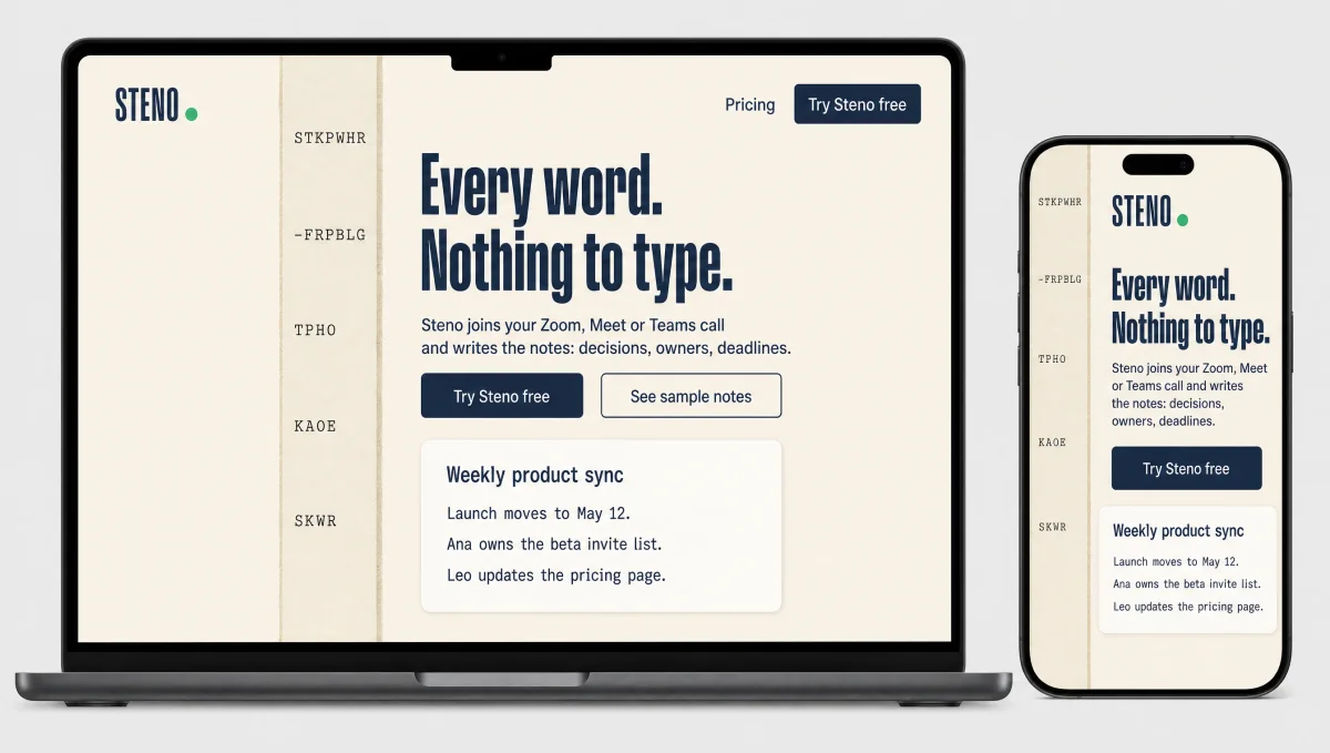 Mockup C, Steno Tape: a stenotype tape running down the page