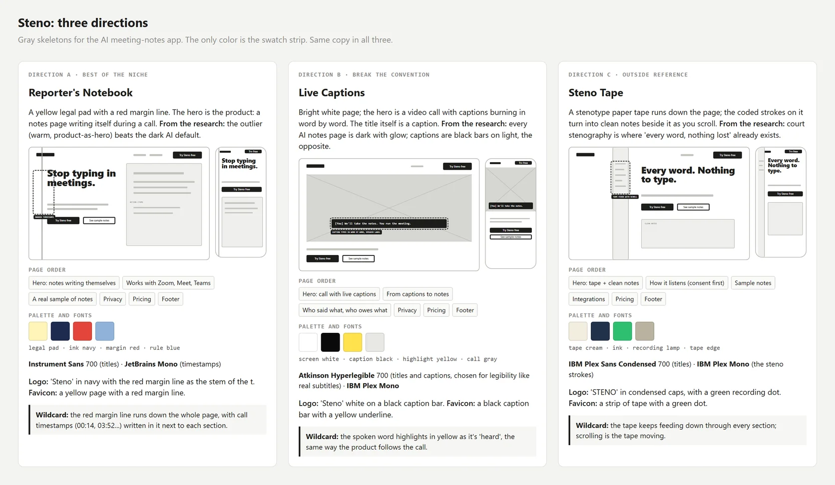 Three gray skeletons for Steno: Reporter's Notebook, Live Captions and Steno Tape